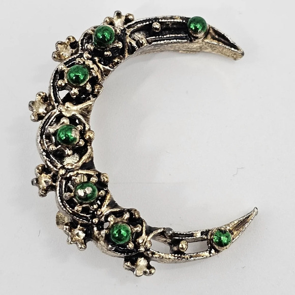 Vintage Signed Gerry Weber Crescent Moon Brooch Pin Gold Tone Green Enamel - Picture 1 of 5